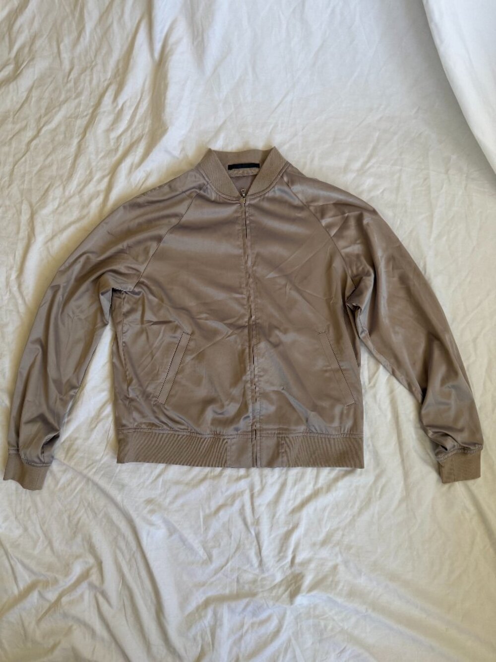 Uniqlo Taupe Satin Bomber Jacket Women's Lightweight Zip Up Casual Jacket